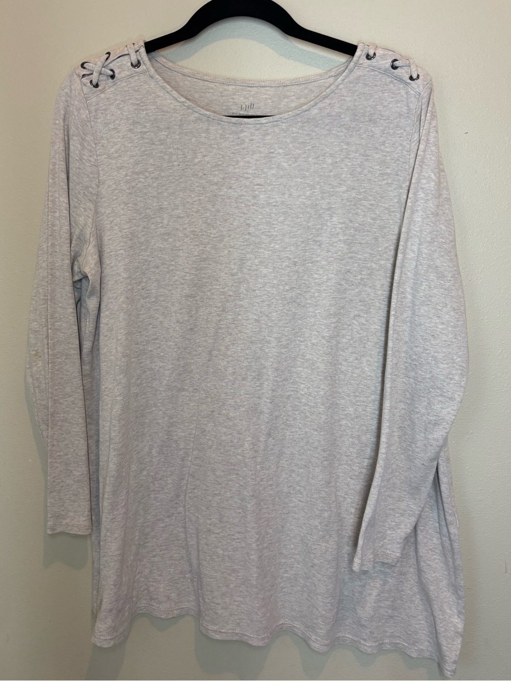 J Jill Tan 100% Pima Cotton Long Sleeve top, petite large, Lace-Up Shoulder